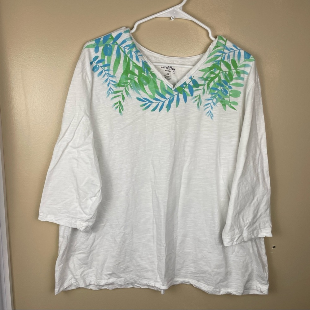 Coral Bay White Top with 3/4 Sleeve Blue and Green Palm Leaf Design Plus Blouse